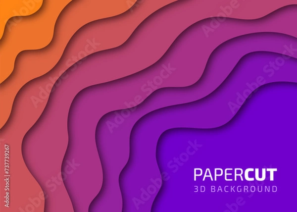 Fototapeta Orange, pink, and blue paper cut background with wavy layers copy space. 3d relief carving art papercutting waves vector illustration.