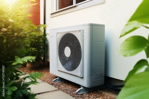 Fototapeta Efficient modern air conditioning unit installed outside a home.