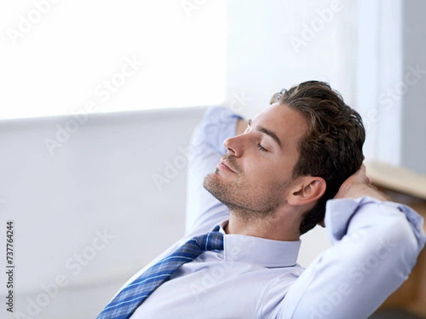 Fototapeta Man, eyes closed and calm breathing in office for stress management, relief and balance for peace while working. Businessman, relax and moment in workplace for wellness break for corporate work
