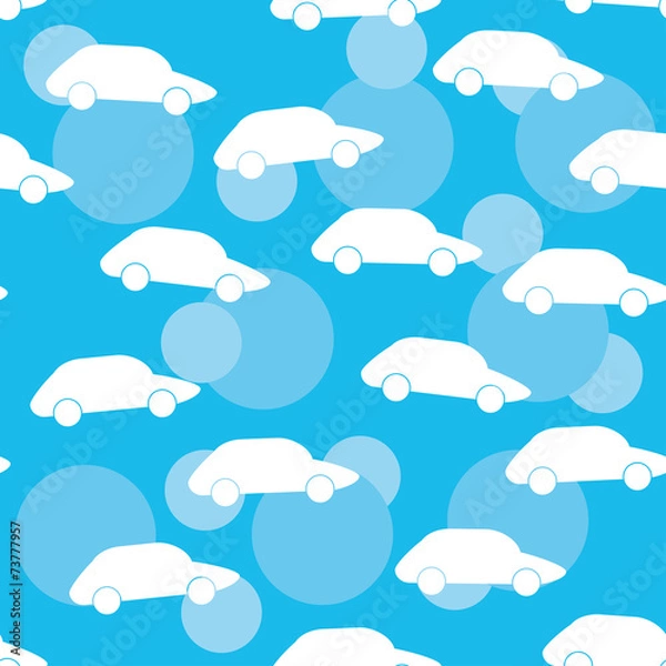 Obraz Seamless white pattern with silhouettes of cars. Blue background