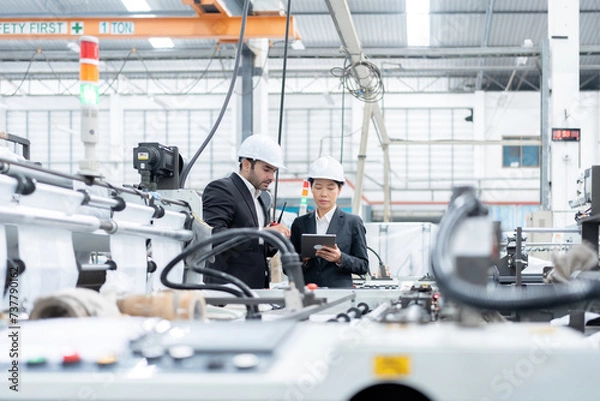 Fototapeta senior official Industrial plants are European and Asian male and female engineers. Wear a suit and helmet. View business work with laptop, exporting plastics and energy to the world market.