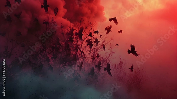 Fototapeta silhouette of a flock of crows on tree background