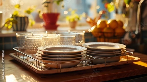 Fototapeta Sunlit kitchen counter with clean dishes drying on a rack.