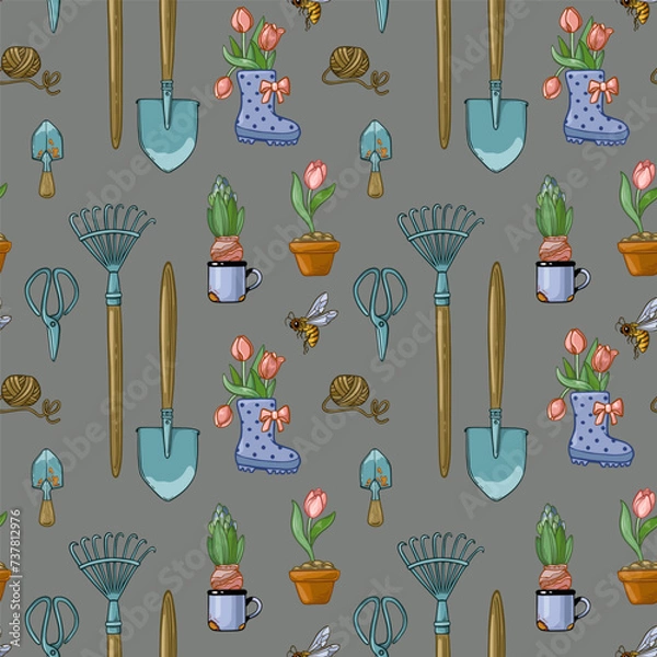 Fototapeta Seamless pattern with spring flowers and garden tools.
