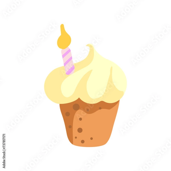 Fototapeta Cartoon cake with cream and candle for first birthday for card, invitation and banner. Flat vector illustration