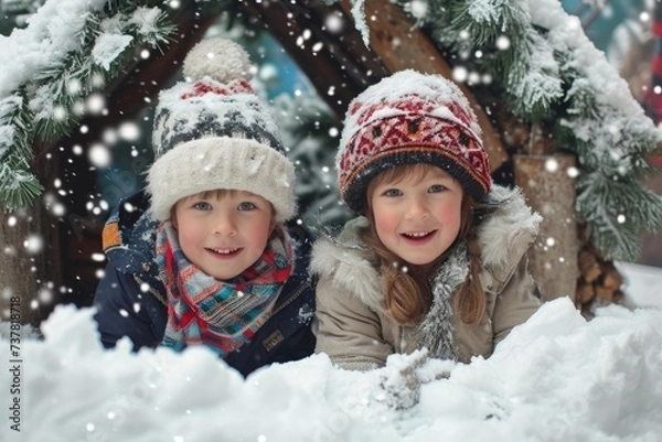 Fototapeta Two young children enjoy the snowy weather as they build a snowman together, Children making a snow fort with a Christmas backdrop, AI Generated