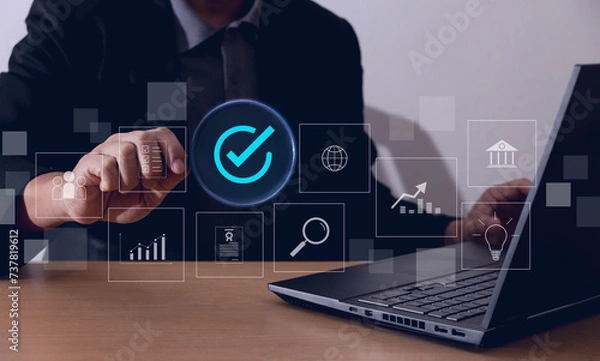 Fototapeta office document review concept Plan the process for reviewing and evaluating accuracy. Manage the organization for storing important documents Document approval stamp Financial documents