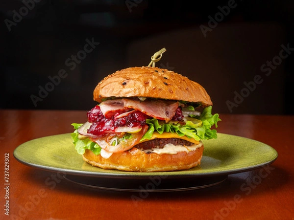 Fototapeta Burger, sandwich, hamburger with meat cutlet, bacon, cucumber, cheese and tomato.