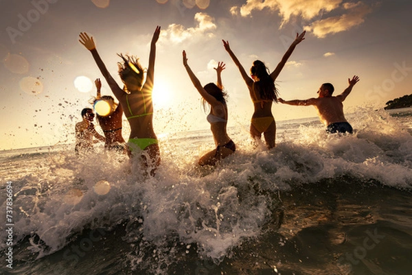 Obraz Large group of happy young friends of tourists are having fun, runs and jumps at sunset sea beach. Tropical weekend concept
