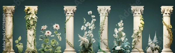 Fototapeta Timeless Beauty in Stone and Blossom, A Classical Vase Amidst the Grace of Marble Columns and the Softness of Spring Flowers