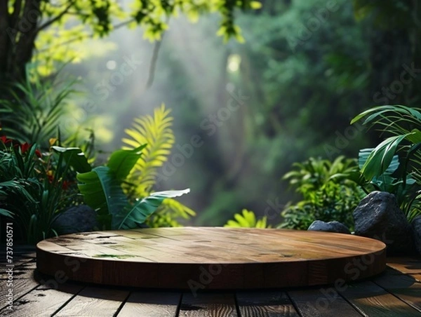 Obraz Natural podium product display with leaves tropical forest background