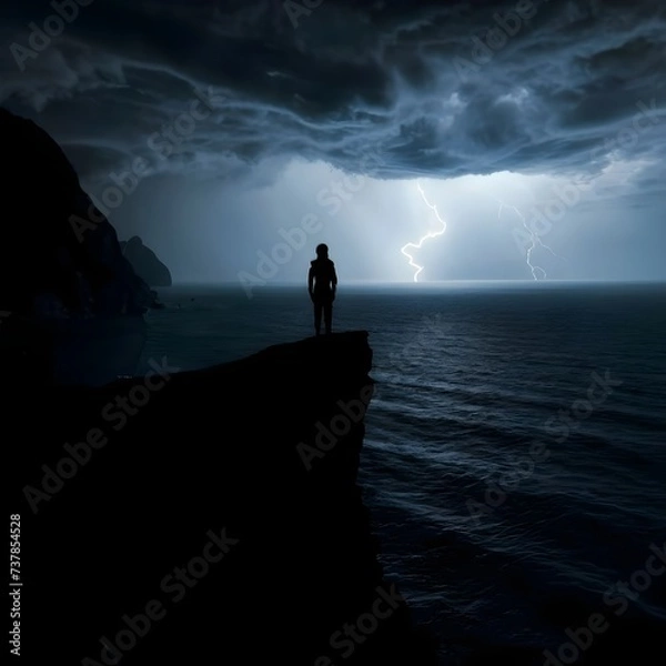 Obraz A lone figure standing atop a cliff overlooking a stormy sea, their silhouette illuminated by flashes of lightning as they contemplate the tumultuous journey ahead
