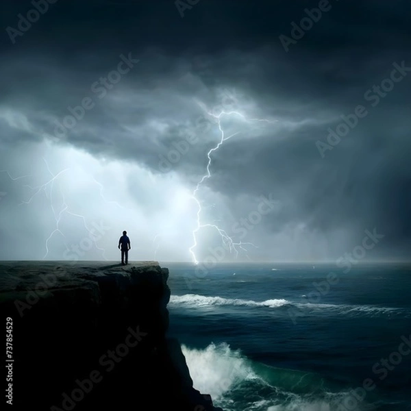 Obraz A lone figure standing atop a cliff overlooking a stormy sea, their silhouette illuminated by flashes of lightning as they contemplate the tumultuous journey ahead