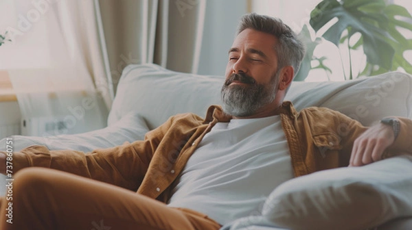 Fototapeta Happy bearded man in casual clothes relaxing on sofa at home, looking at copy space, side view. Relaxed middle-aged man having break on couch in living room, dreaming about prosperous life.