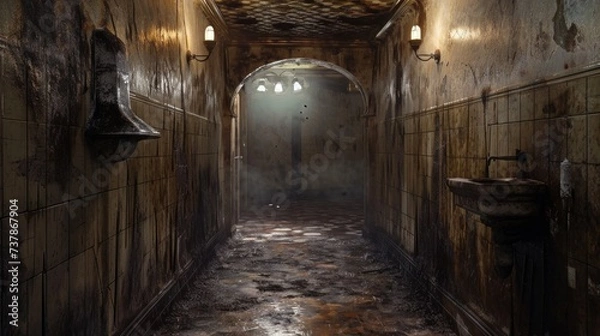 Fototapeta Dark corridor. Mystical interior of dark empty corridor, tunnel in an abandoned house. Dark mysterious corridor. The interior of an abandoned house, road to hell.