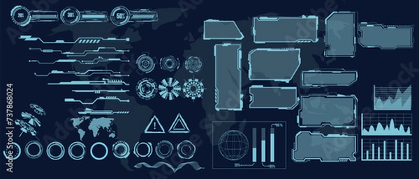 Obraz digital interface HUD elements set pack. User Interface, frame screens. Callouts titles, FUI circle set, Loading bars. Dashboard reality technology screen. Vector	
