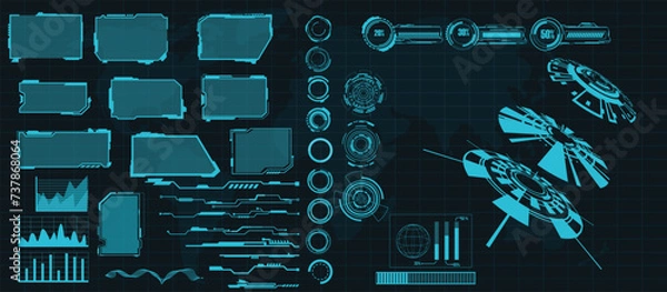 Obraz digital interface HUD elements set pack. User Interface, frame screens. Callouts titles, FUI circle set, Loading bars. Dashboard reality technology screen. Vector	
