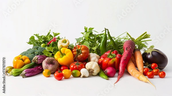 Fototapeta A vibrant array of fresh herbs and vegetables, forms a captivating display on the clear white surface.
