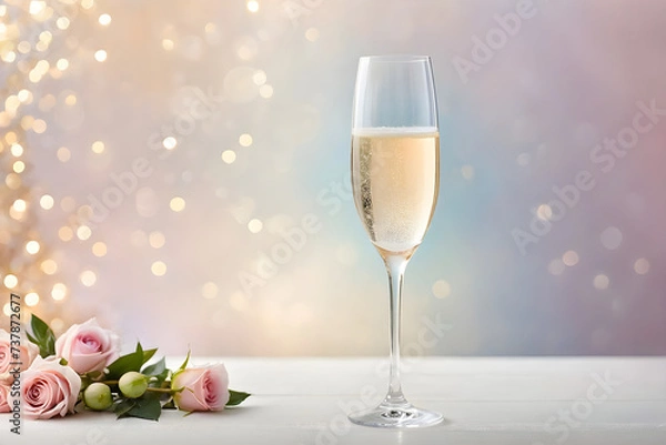 Fototapeta A champagne glass, translucent crystal reflecting a gentle bokeh effect from a minimalist background with soft pastel hues. Generative AI