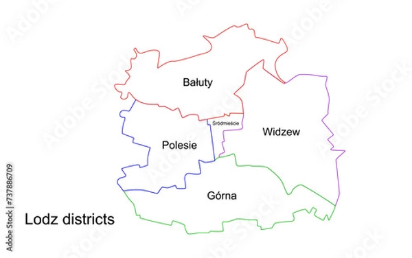 Fototapeta Map of the districts of Lodz. Vector map of Lodz and its districts. Highly detailed vector outline, black silhouette. All isolated on white background