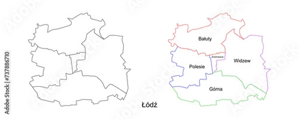 Fototapeta Vector map of Lodz and its districts. Highly detailed vector outline, black silhouette. All isolated on white background