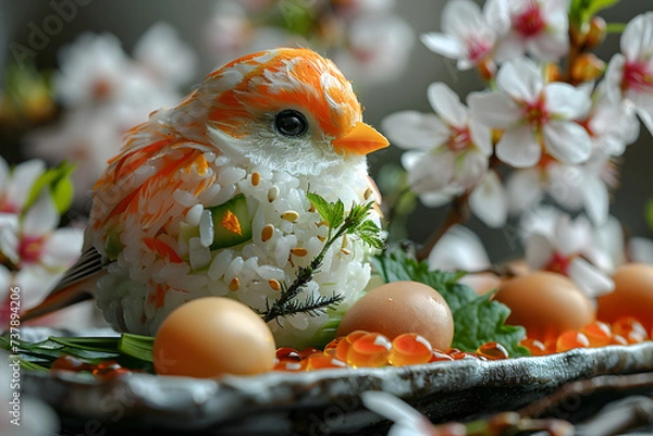 Fototapeta 日本のお弁当。動物モチーフのかわいい鳥のデコ弁、キャラ弁はお花見やレジャーに作る