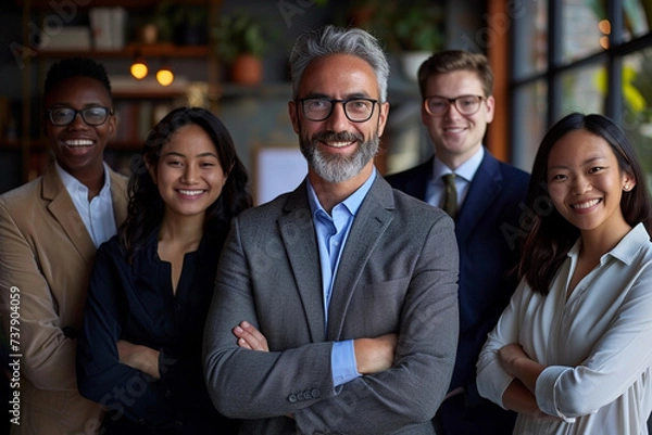 Fototapeta Diverse professionals with crossed arms portray teamwork in a workplace. Financial advisors exude trust, collaboration, and confidence, epitomizing accounting partners in a professional portrait.