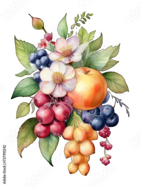 Obraz Moody Whimsy: Watercolor Flower Cluster with Mixed Fruits, Isolated