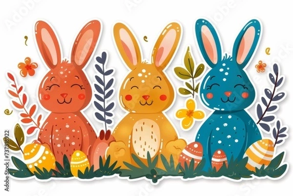 Obraz Happy Easter Eggs Basket Turquoise Dew. Bunny in Spring flower Garden. Cute 3d typographic zone easter rabbit illustration. Easter easter candy card wallpaper Pale yellow