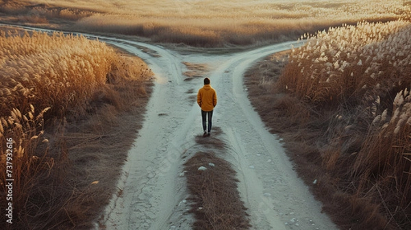 Fototapeta Decision-making concept, a person standing in front of a fork in the road, deciding which way to go