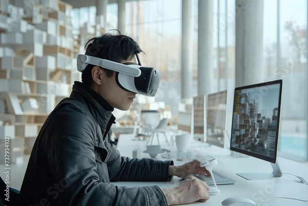 Fototapeta stock photo of a professional using Apple Vision Pro VR glasses for architectural design, innovative atmosphere, modern and sleek workspace