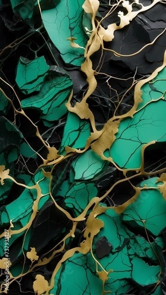Fototapeta Ai generated illustration of abstract black marble green malachite background with golden veins, fake painted artificial stone texture, marbled surface, digital marbling