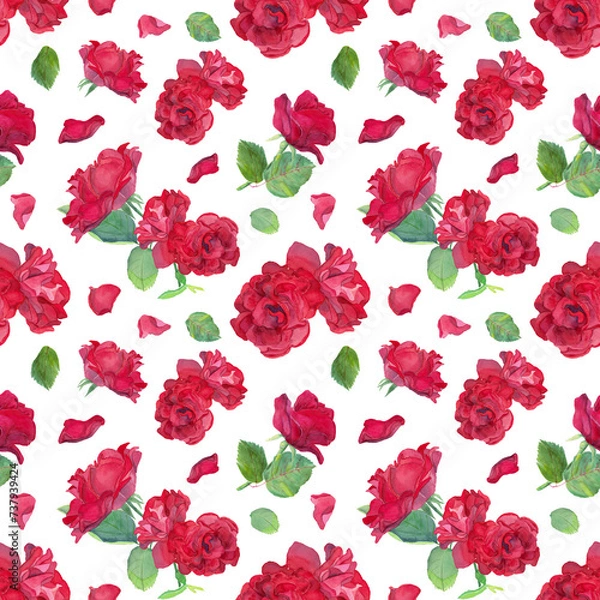 Fototapeta Seamless watercolor pattern of red roses, green leaves, roses petals. Hand painted illustration with white background. Botanical design for textile, packaging, fabric. St Valentines day romantic decor