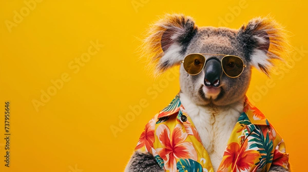Fototapeta Humanized Koala in Hawaiian shirt and sunglasses isolated on bright background.  Advertisement, copy space, banner. Creative animals portrait. Concept of vacation in resort, tourism. AI Generative