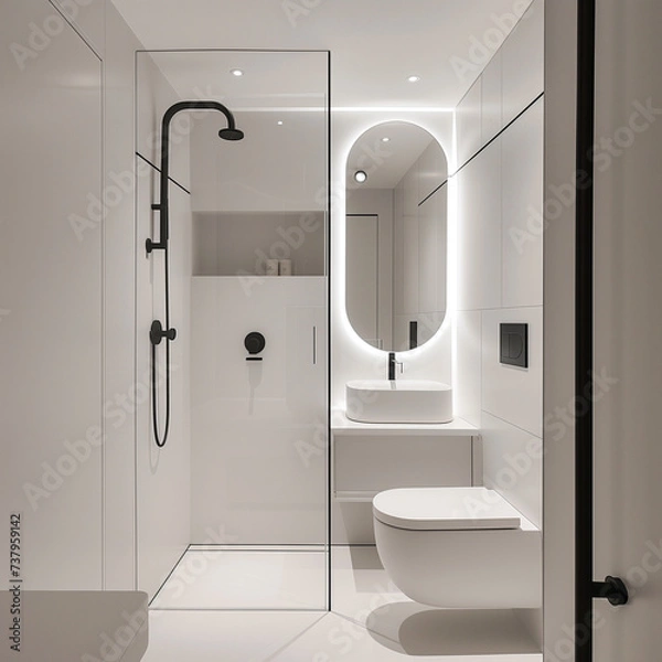 Fototapeta Ultra-compact bathroom with distinct wet and dry zones, showcasing a modern, minimalist, and unique design style