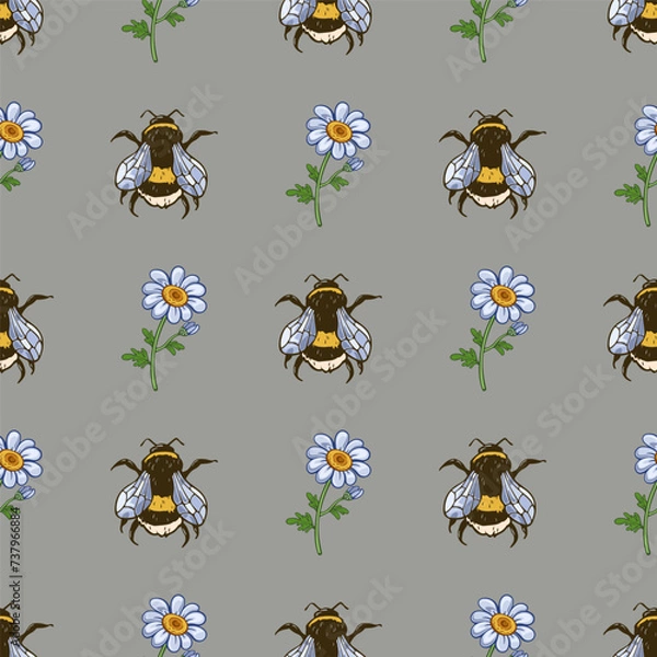 Fototapeta Seamless square pattern with bees and daisies.