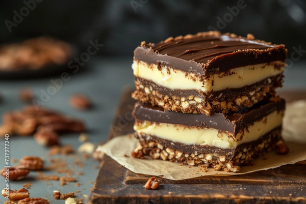 Fototapeta Nanaimo bars - traditional Canadian dessert with wafer crumbs, almond, walnut and cocoa layer, vanilla custard filling and chocolate topping. Canadian popular dish