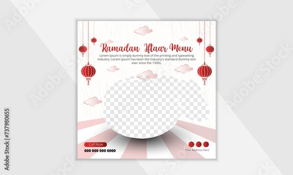 Fototapeta Special ramadan delicious iftar menu sale social media post or banner design template with moon, mosque, lantern and ornamental background.