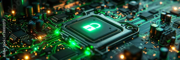 Fototapeta A vibrant green circuit component illuminates the intricate world of electronic engineering, inviting hardware programmers to explore the hidden depths of technology