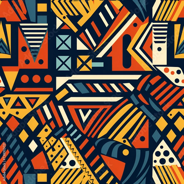 Fototapeta Ethnic and tribal motifs multicolor seamless pattern. Colored shapes and lines on background. Design for fabric, bunner, site