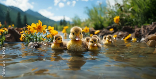 Fototapeta Adorable Ducklings Paddling Behind Mother Warm hearts with the adorable sight of a mother duck leading her ducklings in a line behind her, their tiny bodies paddling eagerly through the water
