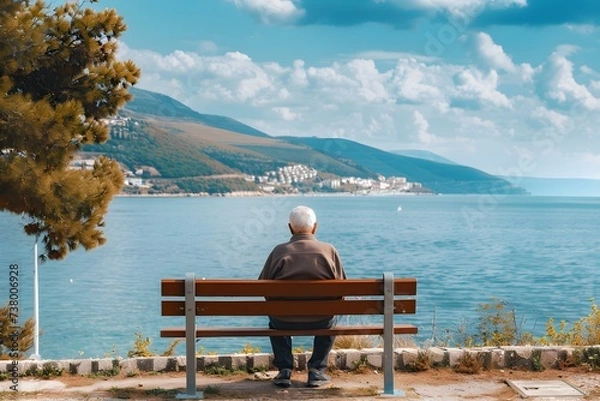 Fototapeta Elderly man peacefully rests on a bench overlooking Bursas scenic coastline. Concept Scenic Coastline, Elderly Man, Peaceful Rest, Bench, Bursa