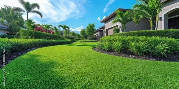 Fototapeta Real estate. Luxury residence, hotel, beautiful holiday resort house on the background of a green lawn with palm tree
