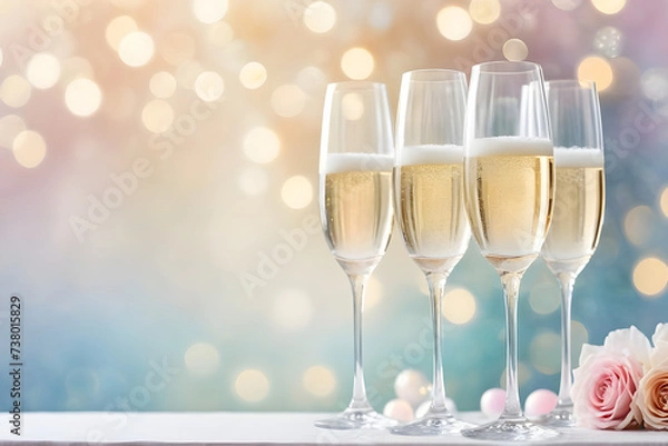 Fototapeta Champagne glasses, translucent crystal reflecting a gentle bokeh effect from a minimalist background with soft pastel hues. Generative AI