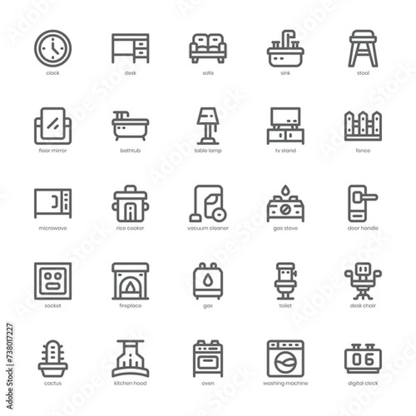 Fototapeta Furniture and Decoration icon pack for your website, mobile, presentation, and logo design. Furniture and Decoration icon outline design. Vector graphics illustration and editable stroke.