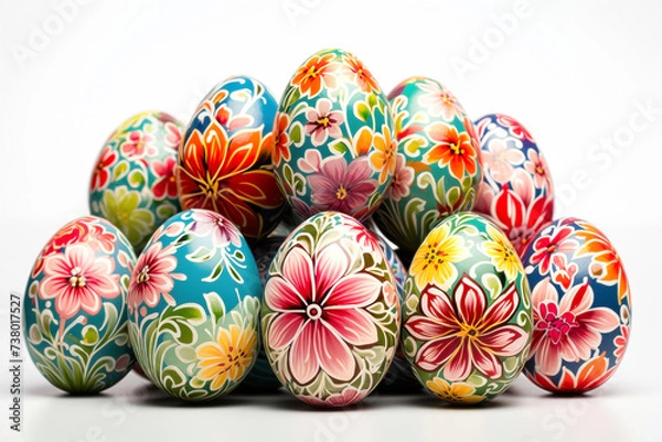Fototapeta Easter eggs with floral pattern on a white background.