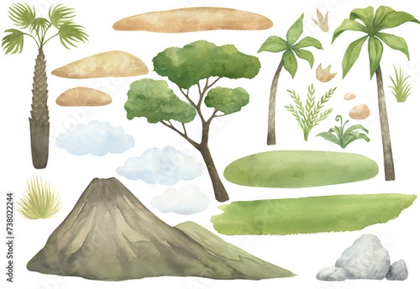 Fototapeta Watercolor illustration of a set of hand drawn landscape elements: mountains, trees, grass, clouds, rocks and sand isolated. Constructor