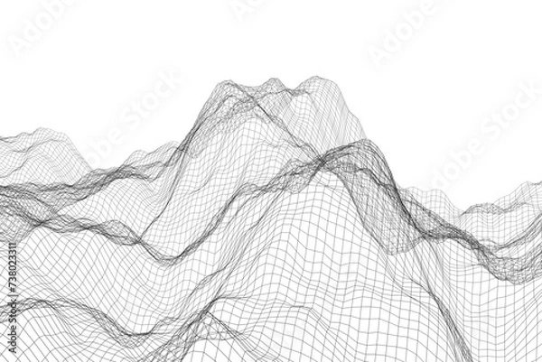 Fototapeta Abstract wireframe mountain peaks with 3D grid waves on a white background