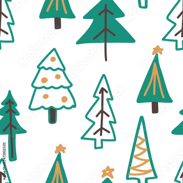 Fototapeta Vector seamless repeat pattern with hand drawn cute Christmas trees