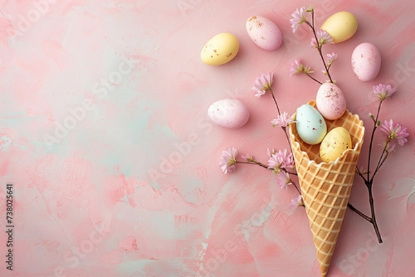 Fototapeta Pastel Easter eggs in a cone with pink flowers on a textured pink background.